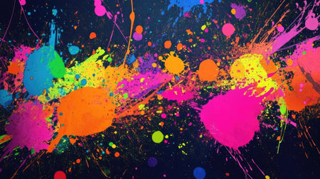 Abstract neon-colored splashes on a dark background, creating a bold, vibrant contrast.の素材