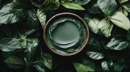 A beautifully crafted green clay mask product surrounded by leaves and natural textures.の素材