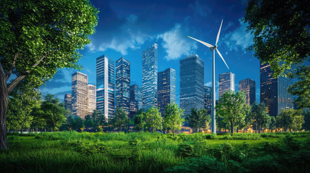 Advanced urban layout with a glowing green city skyline, wind turbines, and integrated natural elements within the buildings.の素材