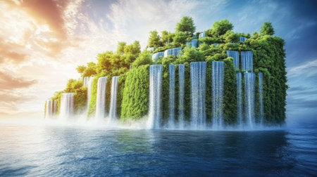 A futuristic urban environment with cascading waterfalls integrated into high-tech green buildings, set against a vibrant blue sky.の素材