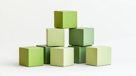 Dynamic composition of green cubes in varying shades, stacked in a D perspective with light and shadow effects.の素材