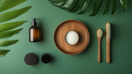 Eco-friendly reusable green packaging and raw natural products arranged thoughtfully for an organic vibe.の素材