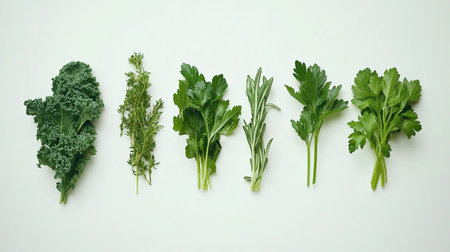 Flat lay of green vegetables and herbs, such as kale, spinach, and parsley, on a white surface with ample copy space.の素材
