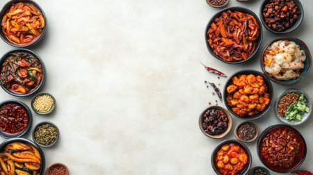 A flat lay of traditional Chinese pickled vegetables, set against a light surface with ample copy space.の素材
