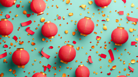 A flat lay of red lantern cutouts and gold decorations, symbolizing celebration, on a vibrant surface.の素材