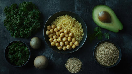 A flat-lay of plant-based ingredients for making a vegan bowl, including quinoa, kale, chickpeas, and avocado.の素材