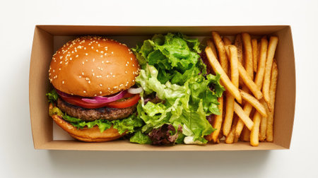 A delicious meal box filled with a plant-based burger, fries, and a fresh salad, placed on a clean white background.の素材