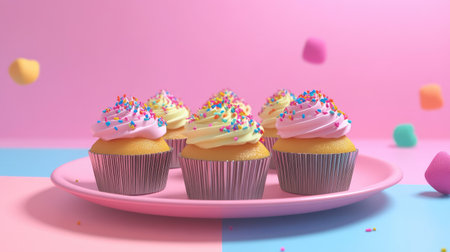 A plate of colorful cupcakes with sprinkles, surrounded by ample negative space on a pastel surface.の素材