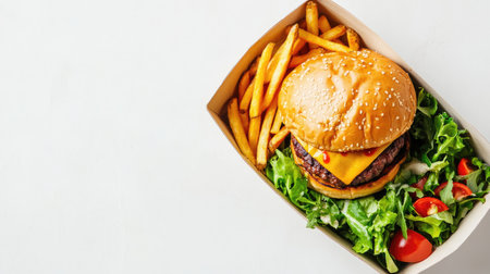A delicious meal box filled with a plant-based burger, fries, and a fresh salad, placed on a clean white background.の素材