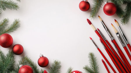A flat lay of Chinese calligraphy brushes with red ink and festive ornaments, placed on a plain surface with space.の素材