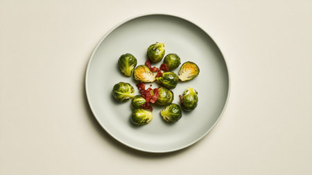 A minimalist shot of a plate with roasted Brussels sprouts and crispy bacon bits, placed on a neutral background.の素材
