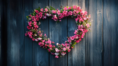 A heart-shaped floral wreath made of Valentine flowers on a rustic wooden door.の素材