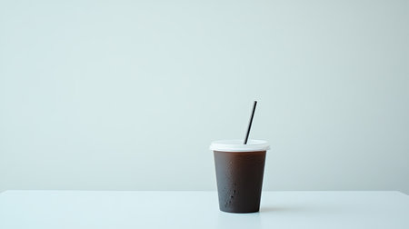 A minimalist shot of a cup of soda with a straw on a plain white table, leaving ample copy space.の素材