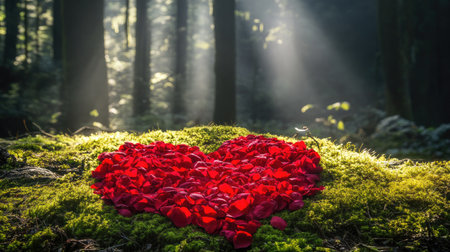 A heart-shaped arrangement of red petals on soft moss in a lush green forest, surrounded by sunlight filtering through trees.の素材