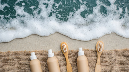 A row of eco-friendly biodegradable sunscreen bottles and a bamboo toothbrush lying on a beach towel with ocean waves in the background.の素材