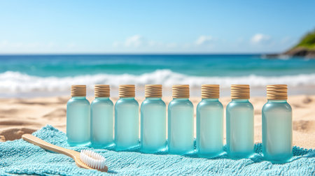 A row of eco-friendly biodegradable sunscreen bottles and a bamboo toothbrush lying on a beach towel with ocean waves in the background.の素材