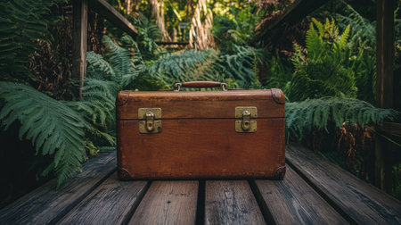 A vintage suitcase resting on a wooden deck, surrounded by lush summer foliage, perfect for an adventurous trip.の素材