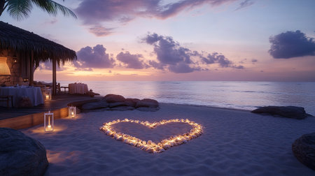 A romantic beachside setting with a heart shape created using seashells and sand.の素材