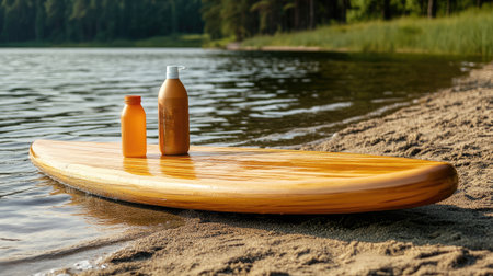 A wooden paddleboard resting on the shore, with a reusable water bottle and eco-friendly sunscreen beside it, symbolizing a green water activity.の素材