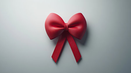 Minimalist Valentine card concept on a white background with a simple red ribbon tied in a bow.の素材