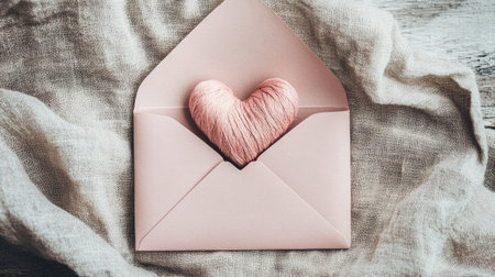 A soft pink envelope with a paper heart resting on a neutral-toned cloth background.の素材