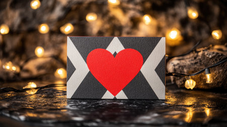 Valentine card mockup with modern geometric patterns, framed by fairy lights on a glossy background.の素材