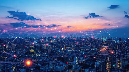 D digital city with glowing data pathways, virtual structures, and high-tech connections in a futuristic environment.の素材