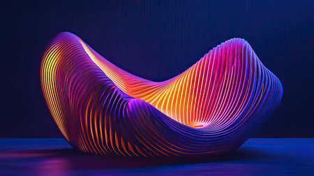 Abstract D twisting ribbon structure glowing with bright neon colors on a dark backdrop.の素材
