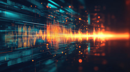Abstract dynamic graphic with glowing streaks and waveforms over a dark, futuristic canvas.の素材