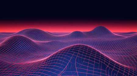 Abstract representation of virtual reality with glowing digital grids and lines, symbolizing cutting-edge technology.の素材