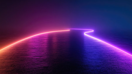 Futuristic flowing light waveforms in bright neon colors over a sleek dark gradient.の素材