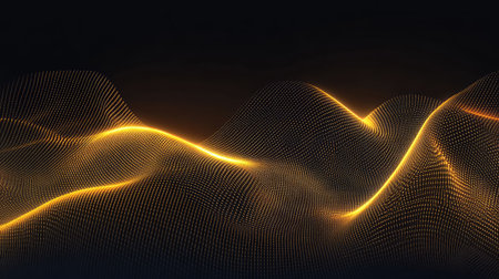 Modern tech illustration with flowing light trails, digital grid patterns, and glowing data streams.の素材