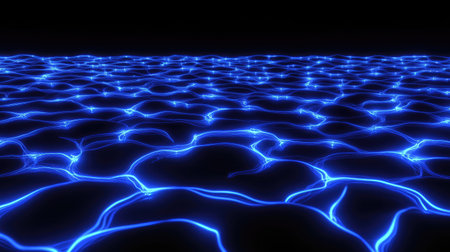 Modern digital network with glowing blue circuit lines and interconnected data points on a black background.の素材