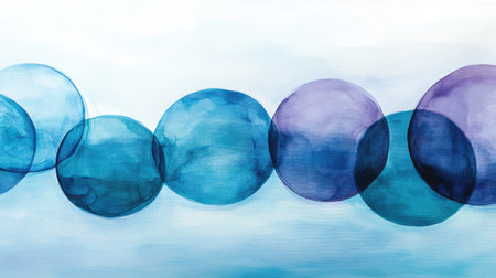 A minimalist abstract concept with circular elements floating in space, softly transitioning between blue and purple hues, with space for a message.の素材