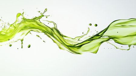 Dynamic splashes of green paint forming abstract shapes against a light background. Open and creative design.の素材