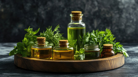 Fresh green herbs and essential oils in glass jars, arranged naturally on a wooden tray with copy space.の素材