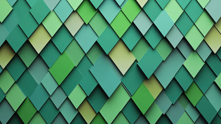 Geometric green diamond shapes forming a modern pattern with alternating light and dark tones, creating depth.の素材
