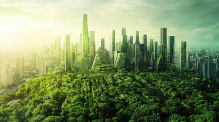Green energy cityscape with biophilic designs, reflecting sustainable living amidst cutting-edge urban innovations.の素材