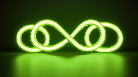 Luminous green neon glow forming abstract curved lines against a soft black gradient background.の素材