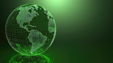 Green wireframe globe on a dark green gradient background, emphasizing sustainability and global concepts.の素材