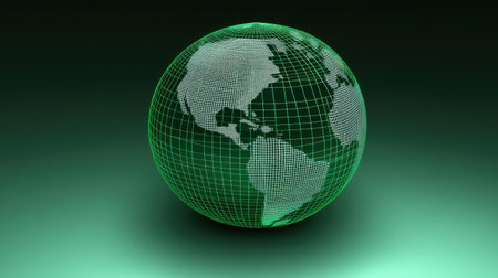 Green wireframe globe on a dark green gradient background, emphasizing sustainability and global concepts.の素材