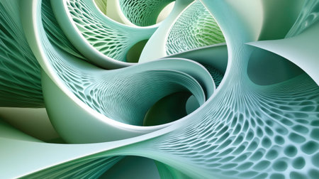 Gradient green geometric ribbons weaving through a D space, creating a dynamic and modern visual.の素材