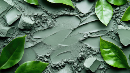 Natural green clay chunks and powder arranged with plant elements, ideal for organic skincare themes.の素材