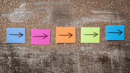 A brainstorming corkboard with colorful cards, arrows drawn in marker, and blank spaces for ideas.の素材