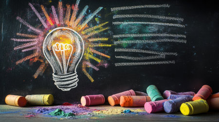A chalkboard with scattered colorful chalk dust and a glowing light bulb drawn in white chalk in the center.の素材
