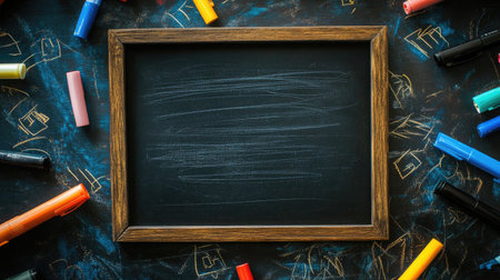 A blank chalkboard concept surrounded by vibrant markers and faint glowing sketches.の素材