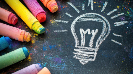 A chalkboard with scattered colorful chalk dust and a glowing light bulb drawn in white chalk in the center.の素材