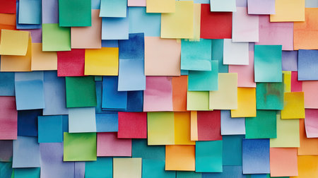 A creative corkboard arrangement of colorful sticky notes in a visually striking pattern.の素材
