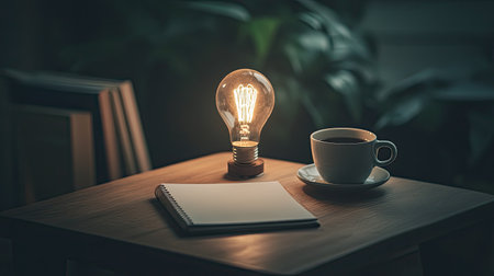 A minimalist desk with a blank notebook, a cup of coffee, and a single shining light bulb centerpiece.の素材