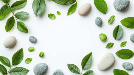 A clean flat-lay of natural elements like leaves and stones combined with innovation symbols.の素材